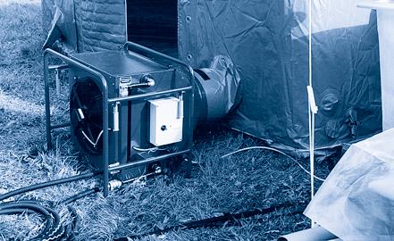 When placed inside the tent, the heater is operated without the air conduction device, drawing air from inside the tent.
