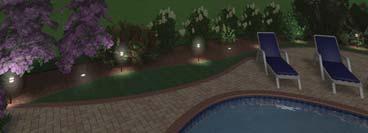 4) illustrates a water lighting possibility: mirroring, by accent lighting aside objects from the water and placing just few, or no, lighting objects in the pool.
