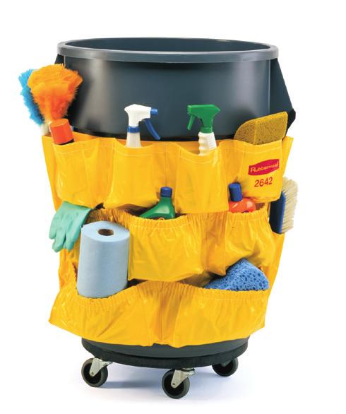 transport for spray bottles, wet-floor signs, lobby dust pan, brushes, liners, gloves, and other cleaning supplies.