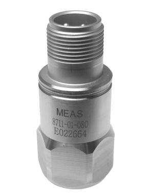 The model 8711-01 accelerometer features a top exit MIL-C-5015 connector and is designed to operate in temperature ranges from -55 C to +125 C.