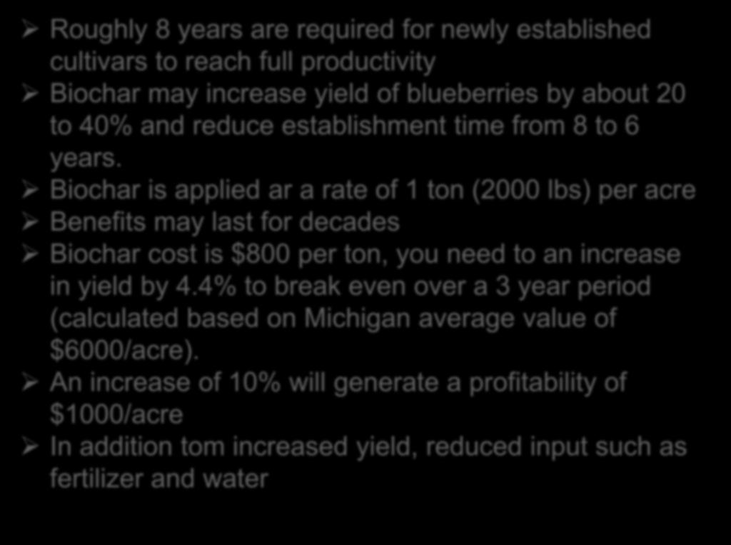 Blueberries Roughly 8 years are required for newly established cultivars to reach full productivity Biochar may increase yield of blueberries by about 20 to 40% and reduce establishment time from 8