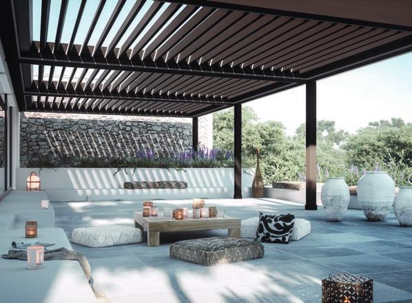 VENTUR BIOCLIMATIC PERGOLA VENTUR is the bioclimatic pergola with adjustable aluminium slats and a horizontal roof. If the slats are closed, they form a waterproof rain shelter.