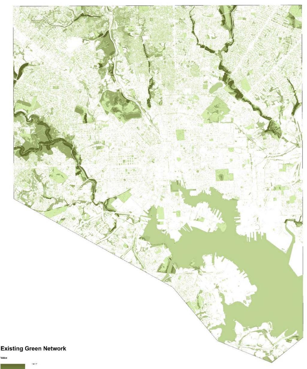 SETTING THE CONTEXT EXISTING GREEN NETWORK Environmental benefits and open space access already exist in many parts of Baltimore City, visible in this map of our existing green network spaces: parks,