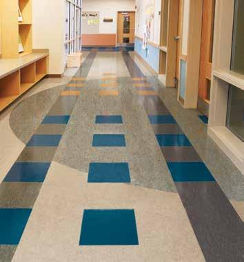 Corridors need Resistance to heavy foot traffic and rolling loads Variety of colors, patterns to facilitate wayfinding Bio-Flooring Vinyl Composition Tile Cafeterias The constant presence of food and