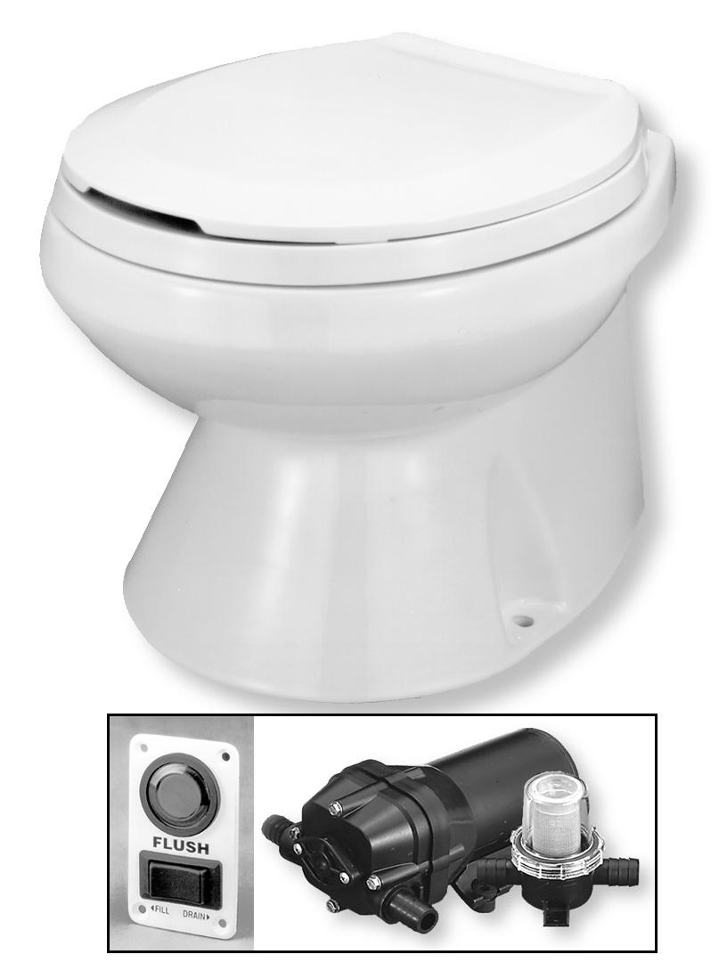 Designer Styled Marine Toilet Model 37275-Series FEATURES Very quiet flush cycle - like a household toilet Single button flush actuator- with dual function water level control switch Supplied with