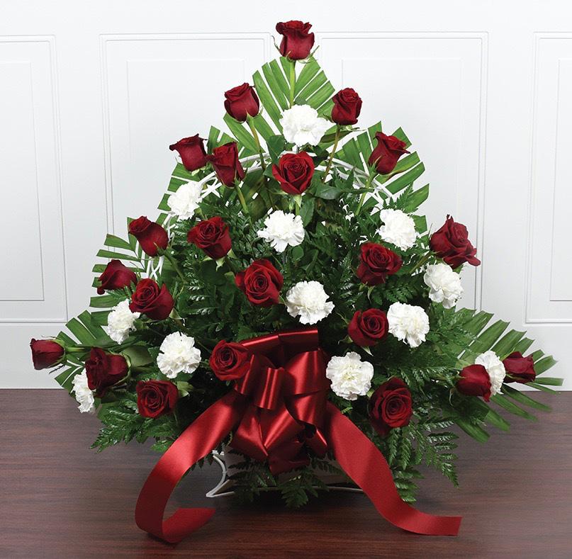 CFS-B14 Tradition and Splendor Basket 12 stems white carnations 24 stems red roses 12 stems