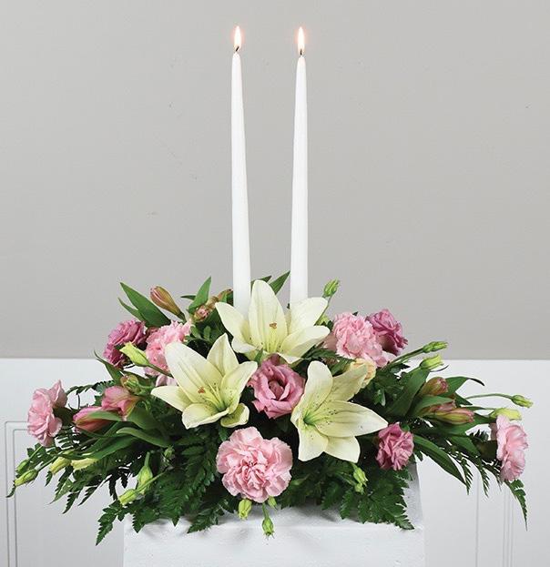 round designer tray 3 candle holders, 3 Guiding Light Centerpiece 3 stems white Asiatic lilies 8 stems pink