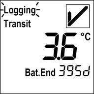 To mark the end of a transport section, press the black «STOP/Arrived» button for about 3 seconds: Logging status changes to «TRANSIT» and temperature monitoring becomes active.