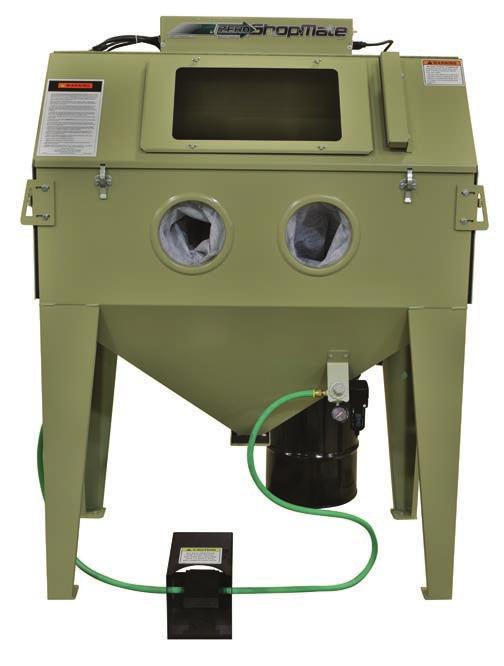 The Shop Mate is a hopper suction feed entry-level intermittent-use cabinet featuring a 48 wide x 26 deep x 26 high working chamber with dual side doors, and flip up front access panel for loading