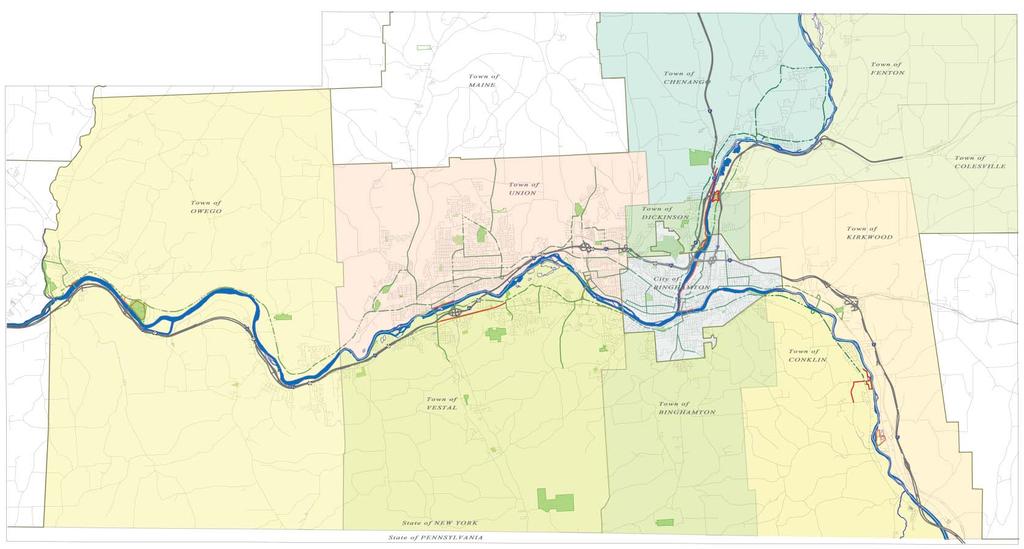 EXTENTS The Two Rivers Greenway Design Guidelines and Signage Project extents, shown below, covers the BMTS region including Owego, Union, Vestal, Binghamton, Conklin, Dickinson and Fenton,