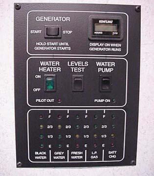 SECTION 4 APPLIANCES AND SYSTEMS Water Level Sensors Water Tank At the touch of a button this panel will display the fresh water and holding tank levels, propane gas tank level, plus the house