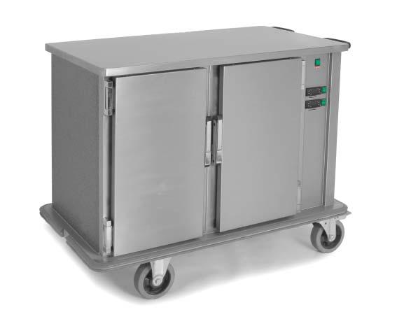 The BFB range has an optional Bain Marie top with hinged covers that open out to provide plate holding shelves. The trolleys can be supplied to suit plated meals with covers.