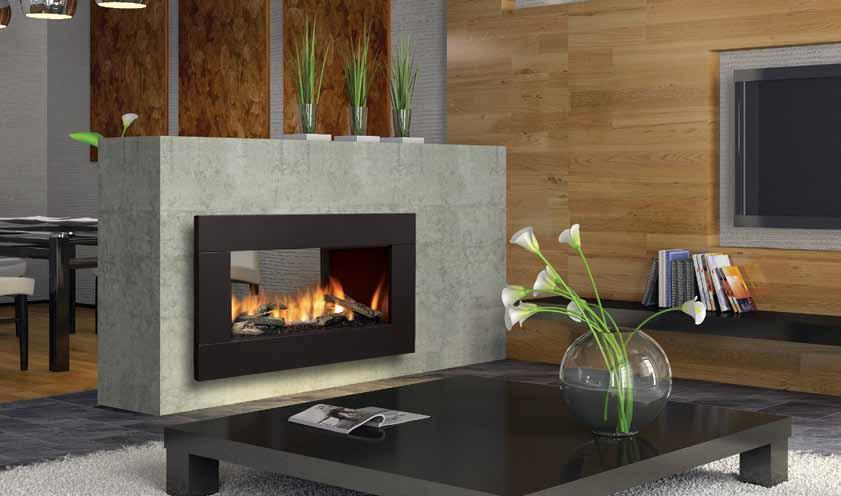 Regency Horizon HZ42STE shown with black faceplate, reflective panels, crystals and driftwood logs.