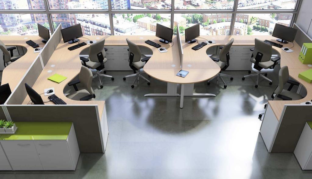 Compact corner desks, with extension pedestals, conference D-end, SPA screens and storage with glass tops.