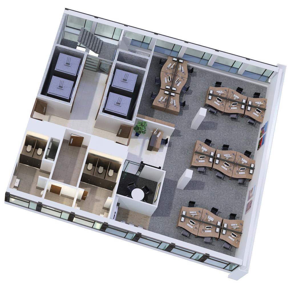 Small wing 3D space plan This 3D floor plan illustrates a typical office space of,650 sq ft incorporating 24 work stations.