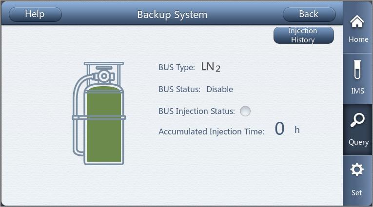 5. Backup System On this page, you can view the type of backup system, on/off status, injection status, and accumulated injection time