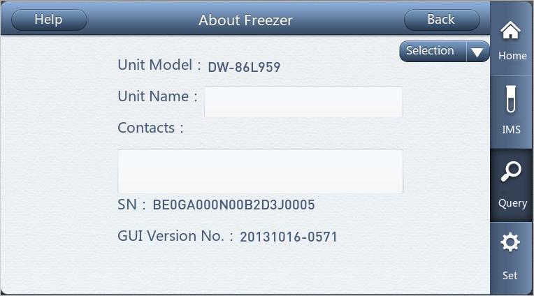 About Freezer On this page, you can view the model, name (editable), supplier/agent, after-sale information (editable), machine number,