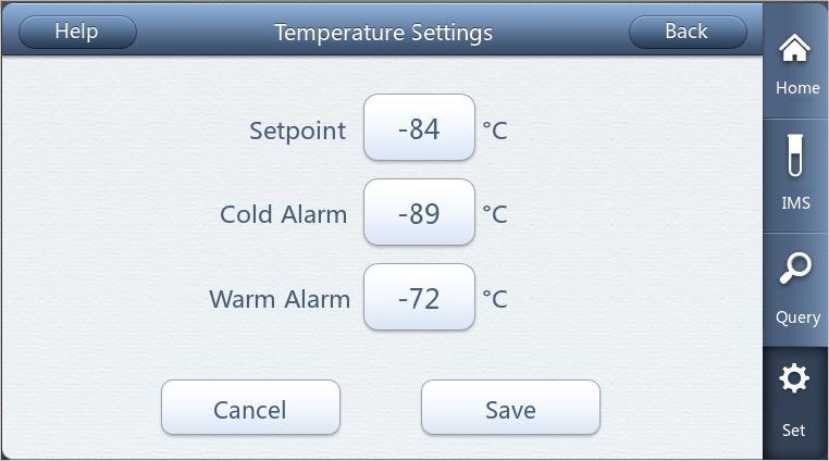 Set the values for the interior temperature, high-temperature alarm, and low-temperature alarm. If you click a value, the system will display a selection box.