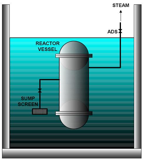 Decay heat removal occurs by boiling in the core. The steam generated in the core travels upward through an automatic depressurization system (ADS) valve that vents directly into containment.