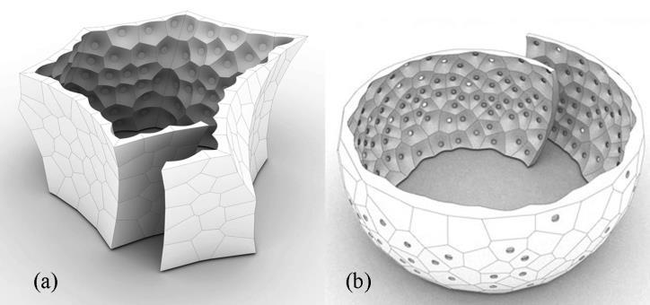 Fig. 1. (a) Meeting space final design, convex form. (b) proposed concave form performance of the pod s interior through surface articulation.