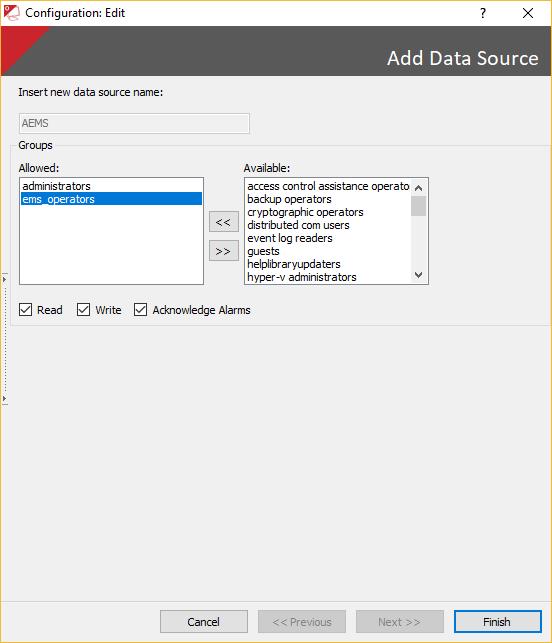 To enable and apply security 1. Right click on the AEMS Datasource and select Edit connection 2. From the Available users box, move all required users/groups to the Allowed box 3.