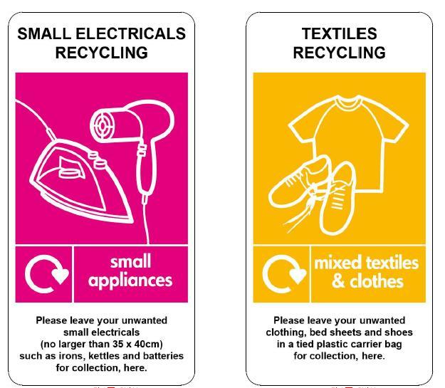 Signs should be displayed in the bin store away from any doors or fire exits and should be placed at points where residents can leave their items in the bag holders for Woking Borough Council to