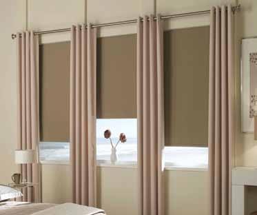 Soft Fold Roman Shade in Dahlia color Stone with Privacy lining Featured below on 36W windows: Four 50W Grommet Panels in Uma color Sand (with Satin Nickel grommets) * NOTE: Grommet Panels on