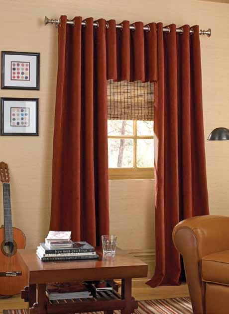 Grommet Panels Available in pre-set widths only Featured on 36W window: Two 50W panels GROMMET PANEL in GEM color SIENNA, unlined (with Satin Nickel grommets) Accessory components