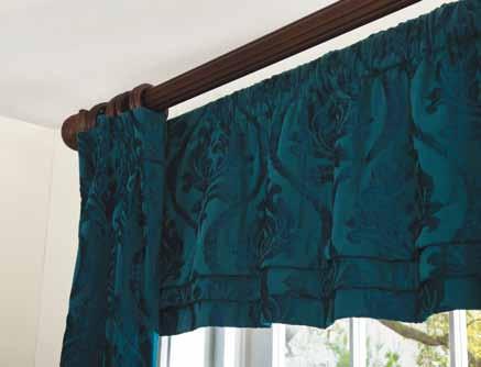 continental valance rod behind Chenille Damask, color Peacock PLEATED DRAPERY PANELS, hung from 2 Mahogany Fluted Wood Pole 3