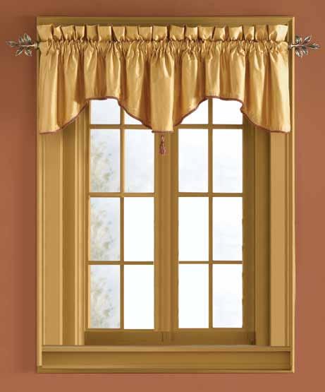 Scalloped Valances Featured on 36W window: SCALLOPED VALANCE in SILK color HONEY with WINE/GOLD CORD and TASSEL with 3 pocket/3 header Now available in precise widths to cover window widths from