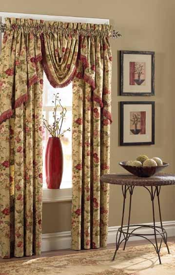 Waterfall Valance Featured on 36W window: One WATERFALL VALANCE and one pair of 104 (52W each) x 36L SHAPED VALANCES Accessory components featured: Two 50W Rod Pocket Panels with 3 pocket and 3