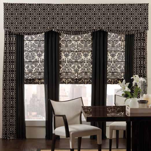 Euro Relaxed Featured: EURO RELAXED BOARD MOUNTED VALANCE in Donetta, color Licorice over three 24W (inside mounted) Damask Front Slats style roman shade, color Onyx Also: two Donetta, color Licorice