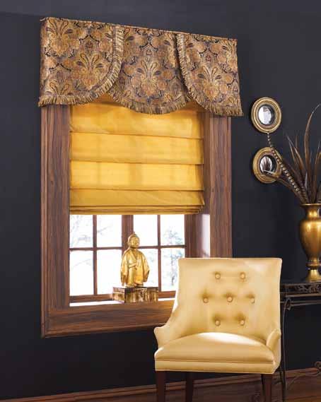 Elegance Featured: NEPTUNE color EBONY with BLACK/CAMEL FRINGE Accessory components featured: Soft Fold Roman Shade in Silk color Honey Minimum width: 48 wide Swag drop: 18 Board Mounted Valances are