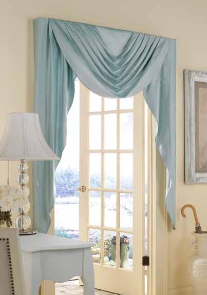 Grace Featured: GRACE BOARD MOUNTED VALANCE in SILK color BLUE NOTE Minimum width: 30 wide Board Mounted Valances are made to the exact 1/2 Swags are lined with Standard lining Cascades are self