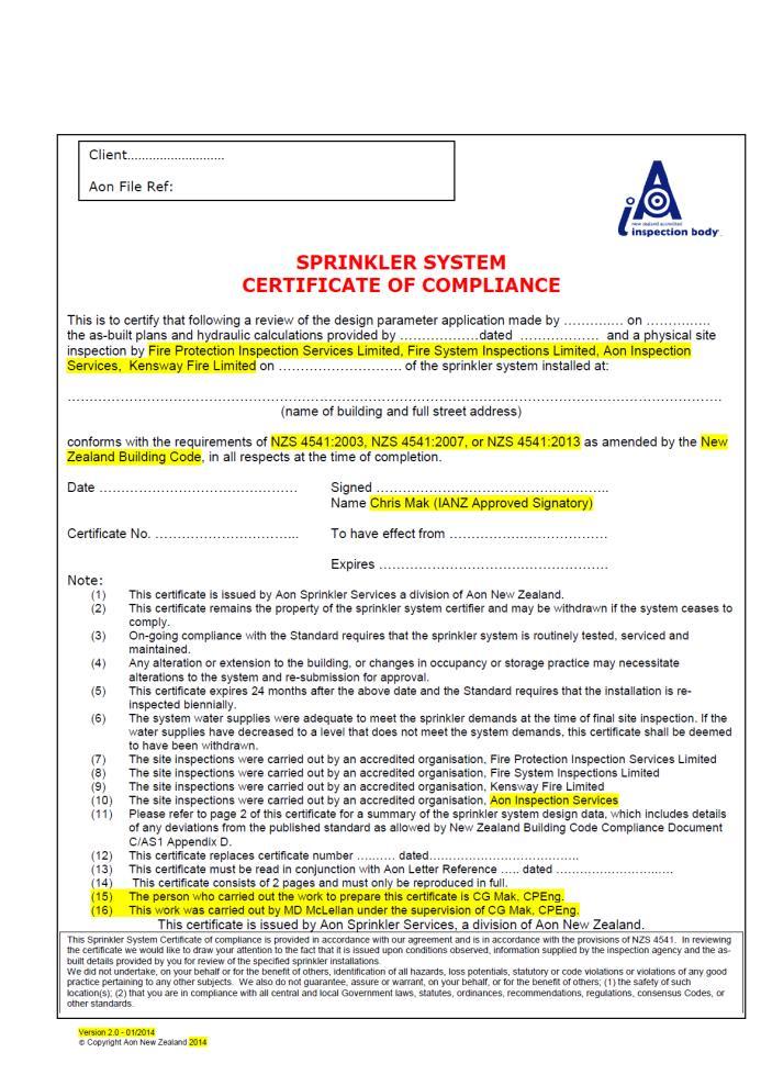 Fig 1 Format of a Sprinkler System Certificate