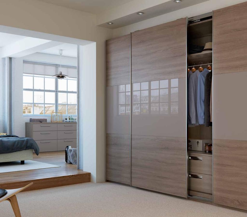Create an elegant look by dividing your sliding wardrobe doors into three panels. Combine woodgrain with feature gloss doors that create endless choices.