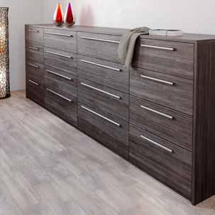 Springfield Dark Oak bed and headboard Open shelf robe unit with Gloss Pearl Basalt inset panels Custom angled