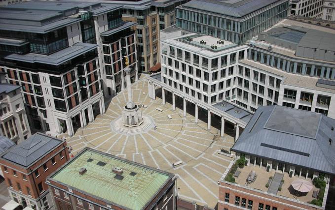 p (Left) Aerial view and (Right) plan of Paternoster Square, London. The unified style of the surrounding building elevations (marked in red) creates a sense of place in the Square.