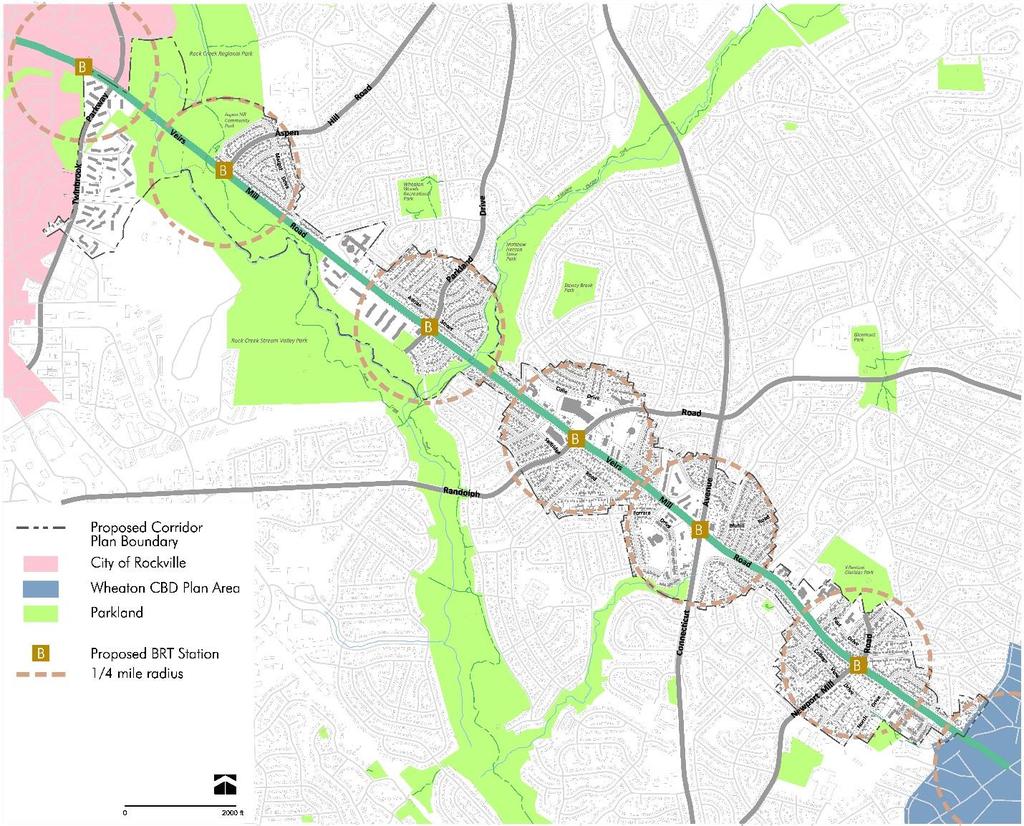 BACKGROUND AND CONTEXT Plan Area The Veirs Mill Corridor Master Plan area stretches approximately 4 linear miles between the City of Rockville and the 2012 Wheaton Central Business District and