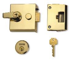 Hardened steel deadbolt which automatically deadlocks on closing the door. operation from the outside. lockable knob operation from inside.