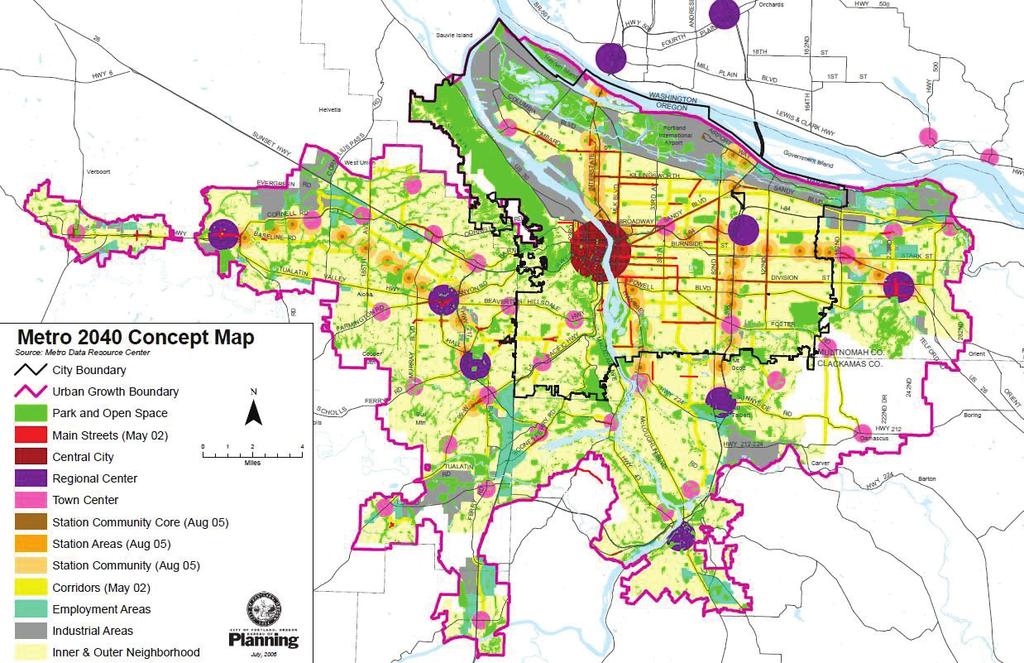 Figure 3.12 Regional planning map of Portland (center, zoning, corridor) (Source: http://www.portlandonline.com/bps/index.cfm?a=126952&c=42790) 3.1.3.2.2 The traditional community, zoning and corridor The organization of New Urbanism community structure contains neighborhood, zoning and corridor (David Walters & Linda Brown, 2004).