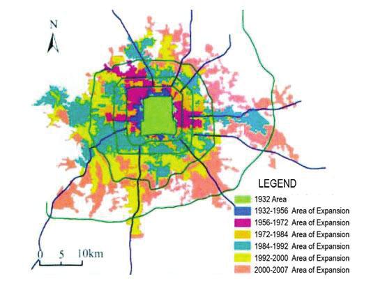 Figure 3.23 Urban expansion maps in Beijing city In the social structure and living concept is also an important factor to guide the community design and development.