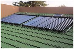c) A forced circulation from the solar collector using a pump, powered either by mains electricity or solar PV panel, transfers the heat from the solar collector to the tank, using a heat exchanger