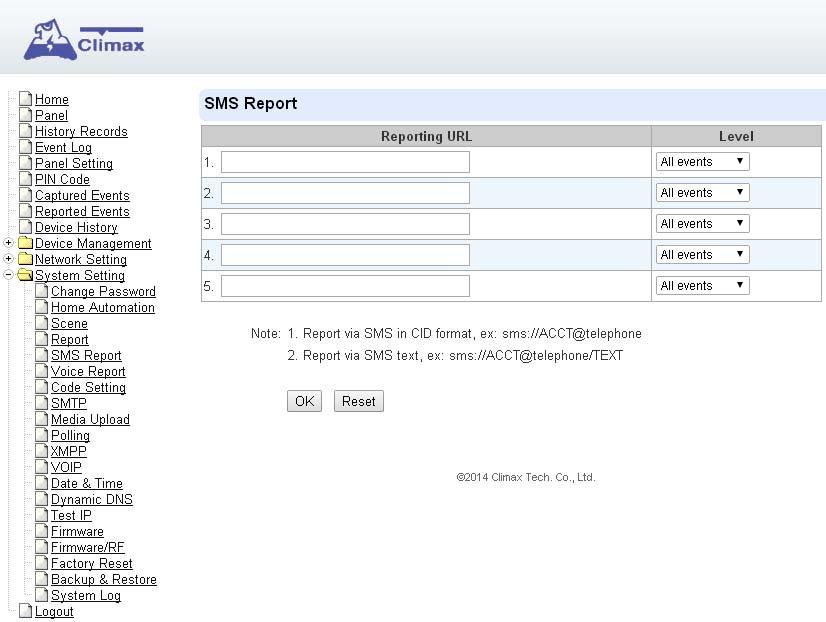 8.5. SMS Report (HPGWL-2/3/5 and HPGW-G2/3/5 only) This is used for setting SMS reporting.