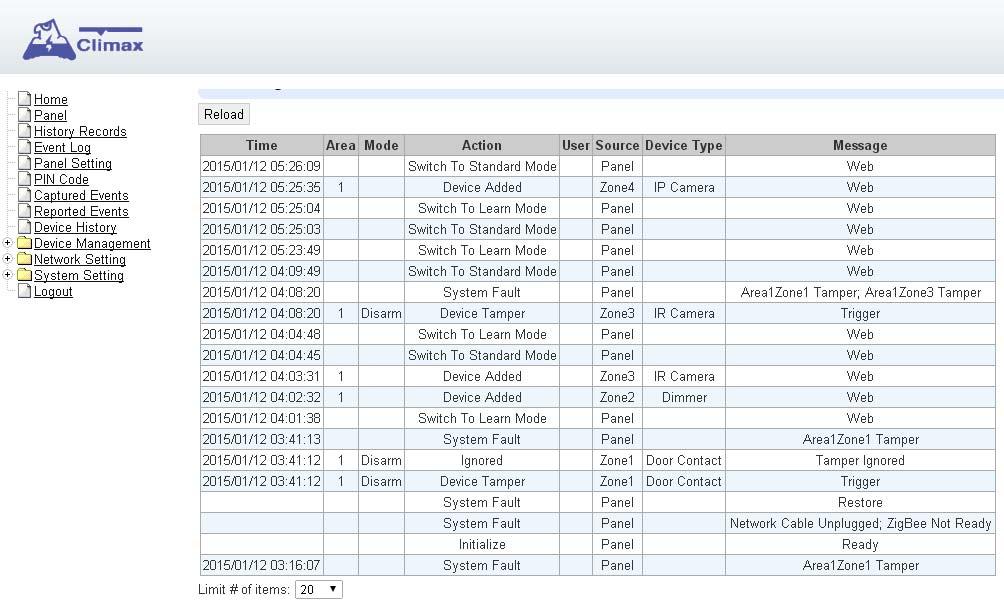 9.3. Event Log The Event Log page records specific actions performed by the Control Panel and accessory devices.