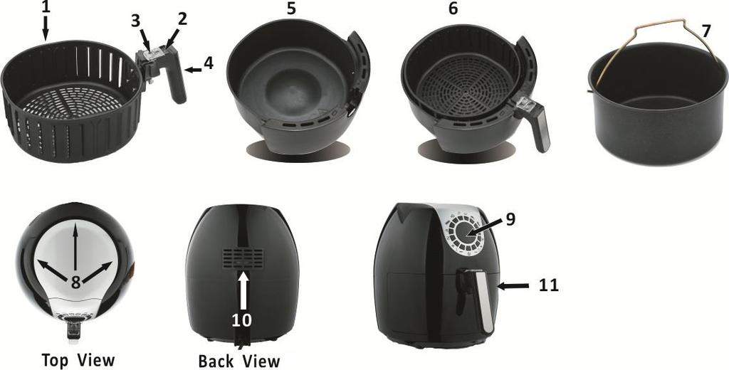 Air Fryer Parts IMPORTANT: Your Air Fryer has been shipped with the components shown below. Check everything carefully before use.