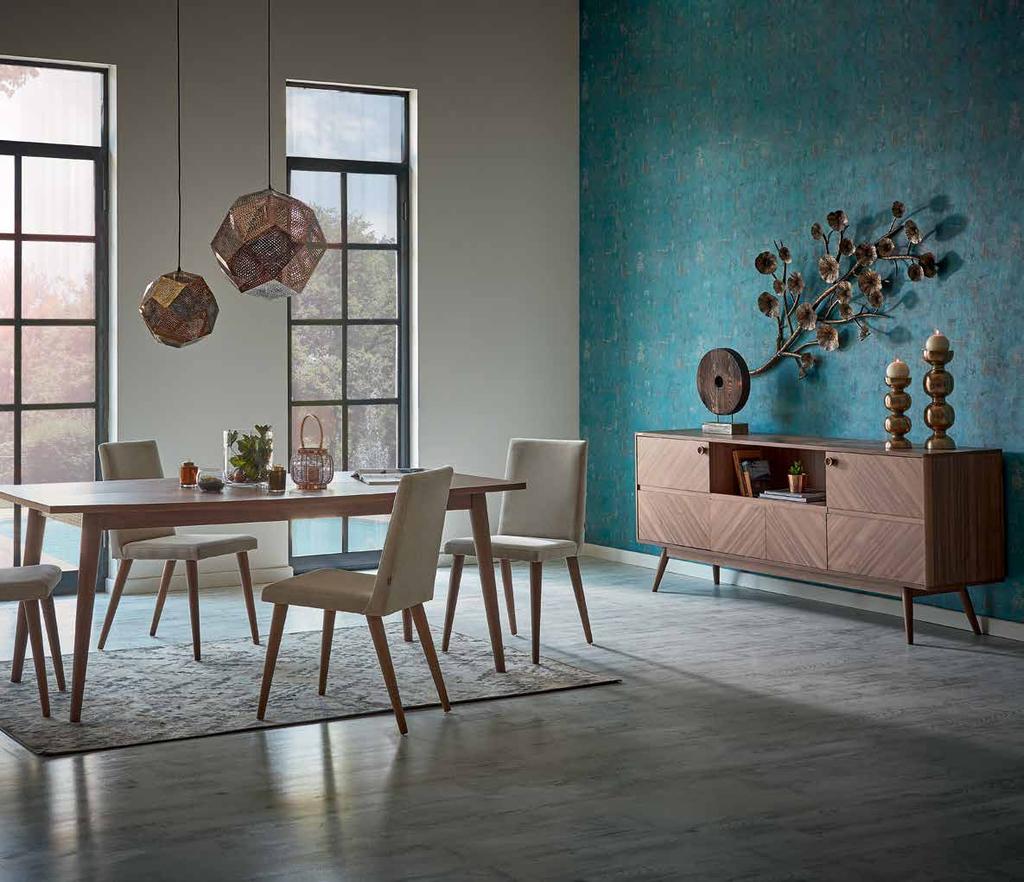 CLARISSA DINING ROOM LAND OF FAIRY TALES Warm colors, geometric details and a retro-modern design.