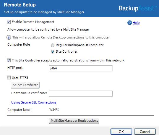 8. MultiSite Manager solution setup This section explains how to use BackupAssist s Remote tab and MultiSite Manager to set up a managed (regular) BackupAssist Computer and a Site Controller.