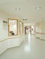 Lighting in hospital wards may use bed head luminaires with integrated services such as oxygen, electricity, etc. or ceiling mounted luminaires (either surface mounted or recessed).