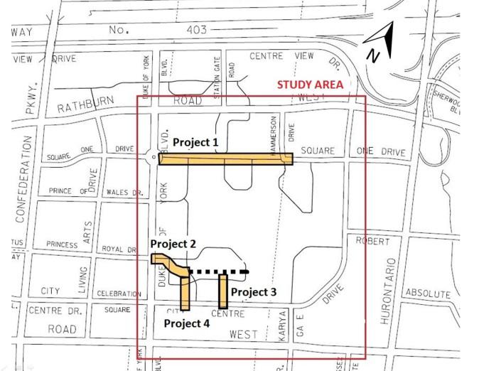 Project Descriptions The overall study area is bounded by Rathburn Road West to the north, Burnhamthorpe Road West to the south, City Centre Drive/Kariya Gate to the east and Duke of York Boulevard
